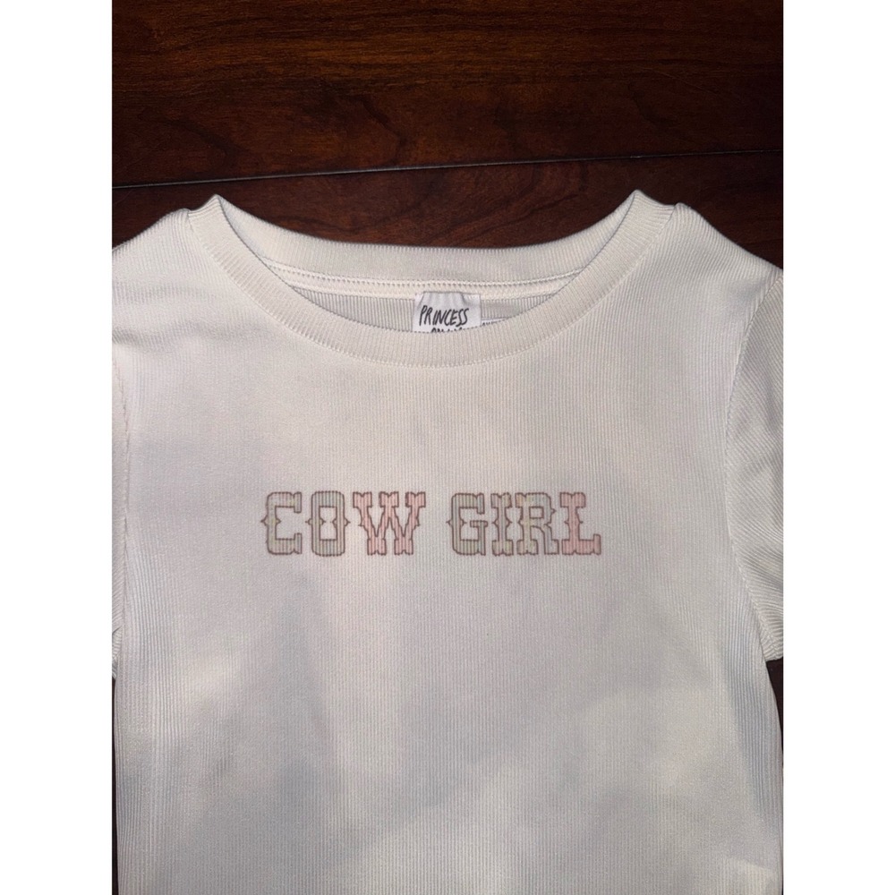 Princess Polly Cow Girl Ribbed Baby Tee White Graphic Crop Top Size 6 - Picture 2 of 4